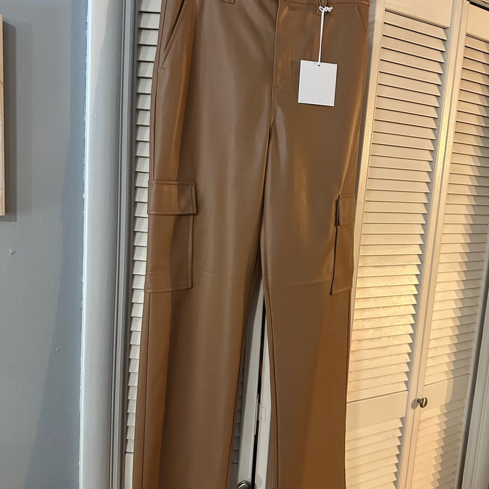 pistola Camel Brown High-Rise Faux Leather Cargo Jeans